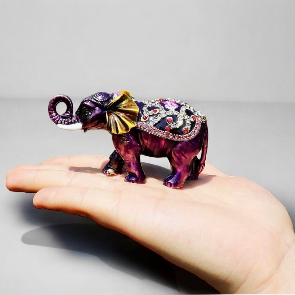 Hand-Painted Purple Jeweled Elephant Trinket Box with Crystals – NIB